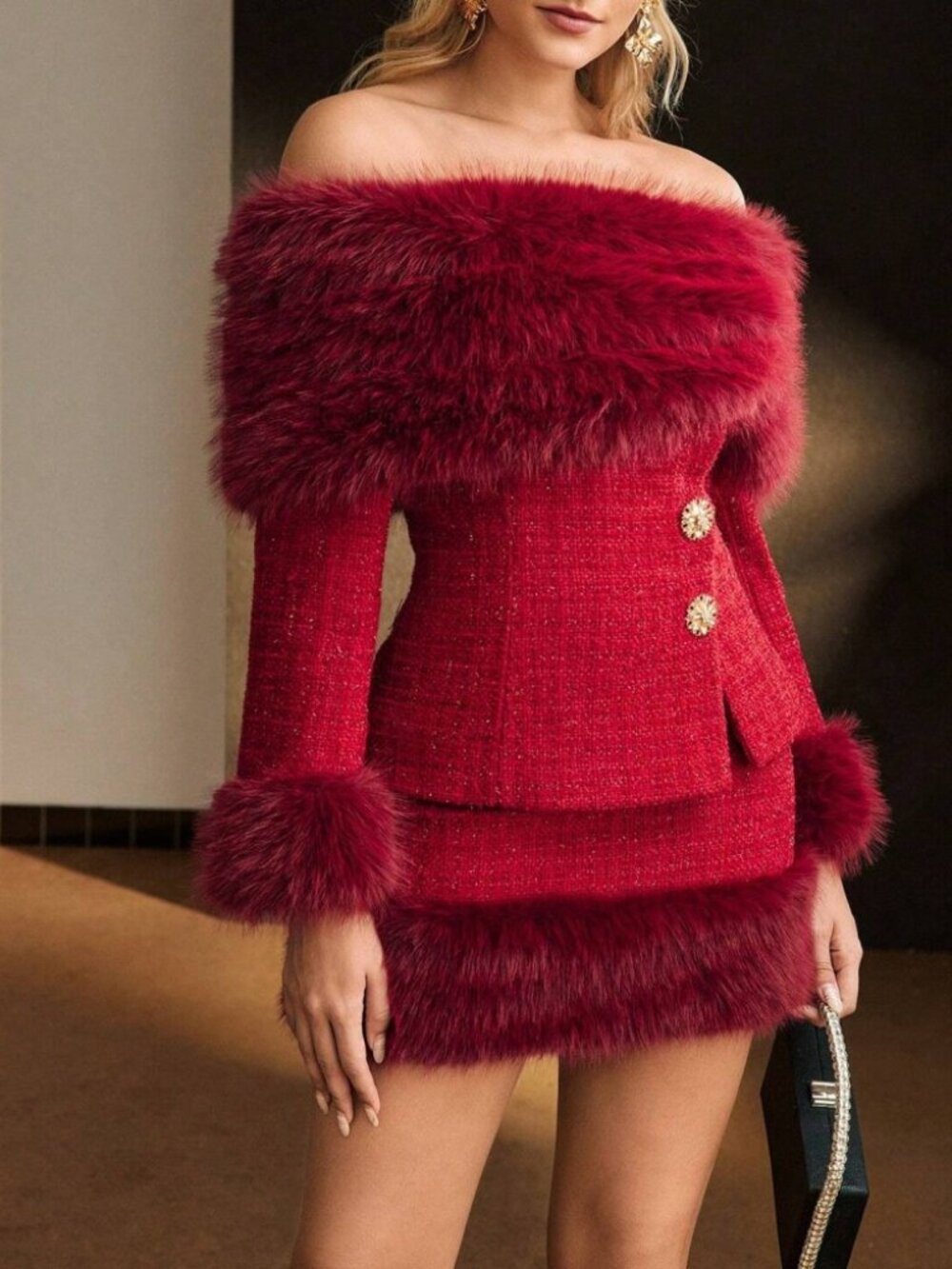 Red Tweed Faux Fur Trim Off Shoulder Cropped Jacket